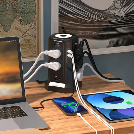 Angled Flat Plug 12 AC Outlets Power Strip Tower with USB C Port(PD18W/PD20W), Surge Protector Power Tower with 5 USB Ports, Extension Cord Desktop Power Strip for Home Office DormRoom