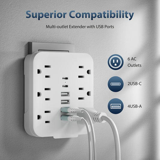 The Mini Power Adapter Comes With 6 AC Outlets, 4 USB Ports And 2 Type-C Ports. It Is Convenient To Carry And Serves As A Multi-socket Wall Extension Outlet. It Is The Perfect Essential Item For Schools, Offices, Travel And Home Use.
