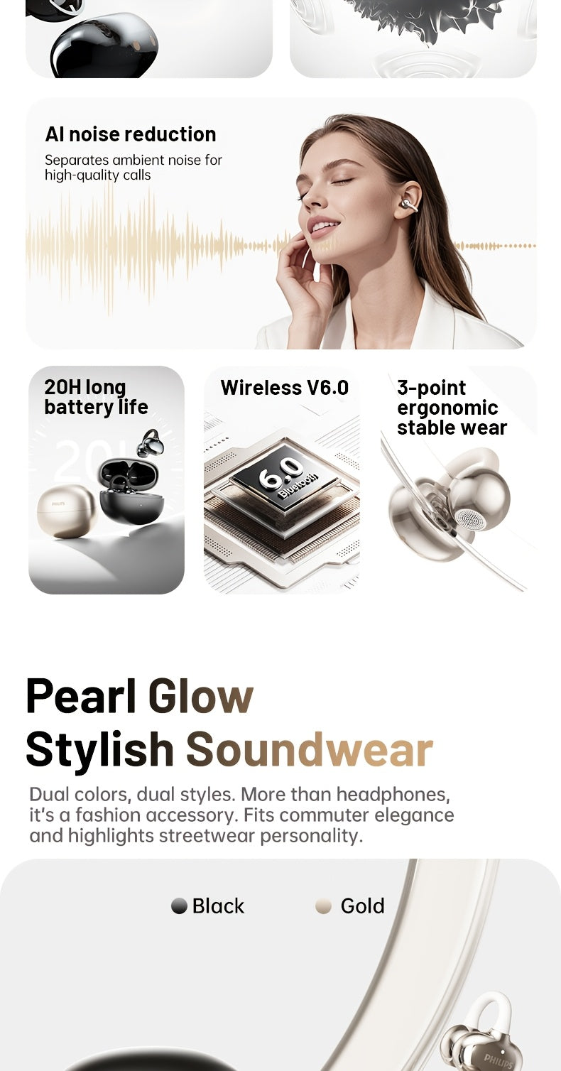 Philips' New True Wireless Ear Clip Sports Headset Music Video Call Comfort TWS HIFI Bass Stereo High-definition Call Headset Adaptable to Android Apple Mobile Phone Game Earhook Couple Business Smart Headset Valentine's Day Gift