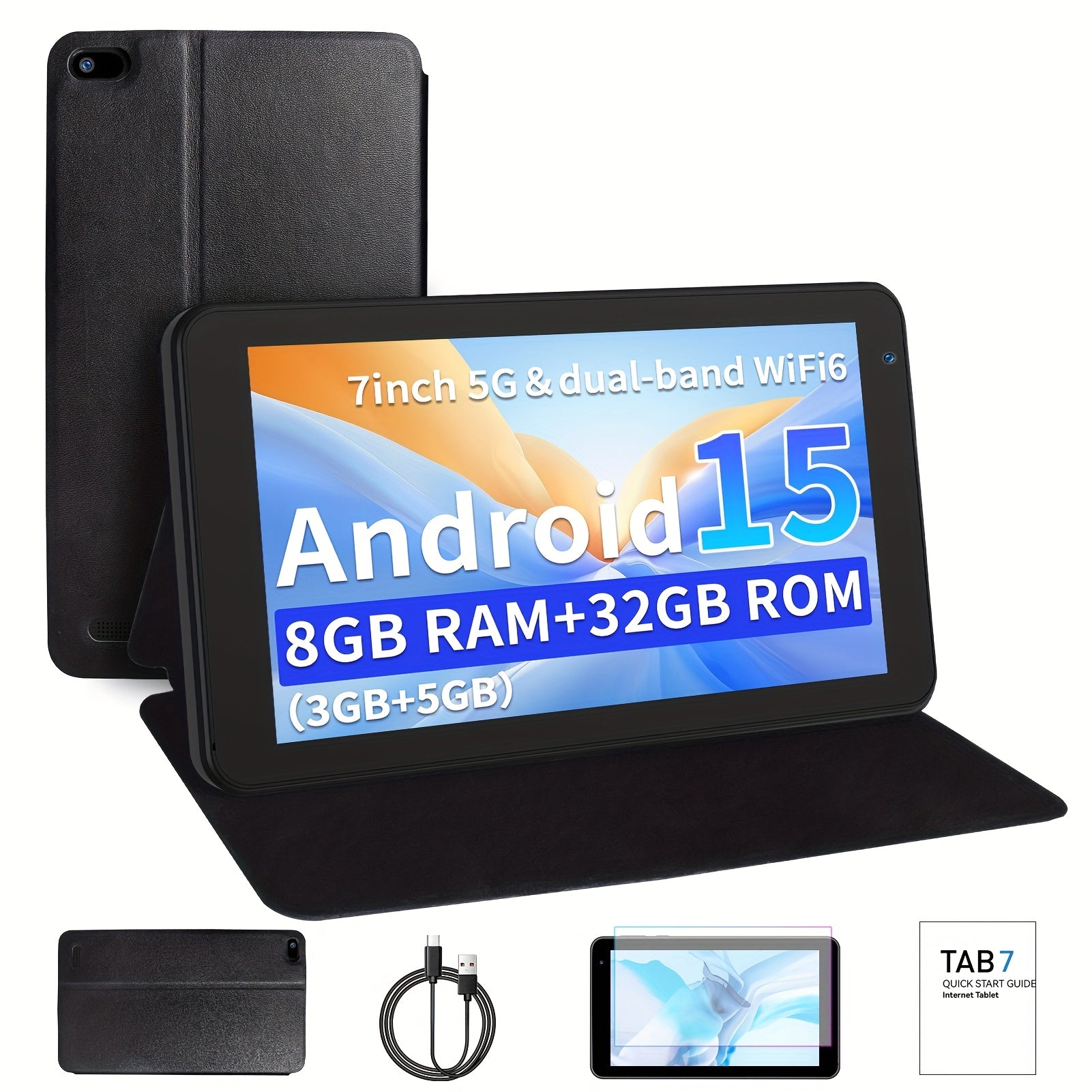 [Android 15 Tablet] 7-Inch Android 15 Tablet, 32GB RAM, 1TB Expandable Storage, Comes with Protective Case, Multi-Core CPU for Efficient Processing, 8GB (3GB+5GB) RAM, Supports 5G Dual-Band Wi-Fi 6, Dual HD Cameras, 1024*600 IPS Touch Screen Tablet, Table