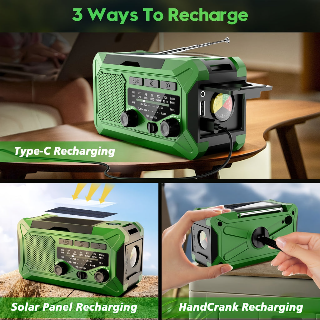 36800mwh 1 Pack Emergency Radios for Families with AM/FM, 3-Way Charging (Hand Crank/Solar/USB), Kid-Friendly SOS Alarm, Flashlight, Reading Light, Thermometer, Compass & 10000mAh Power Bank - Peace of Mind for Every Home Green/Yellow/Random Color