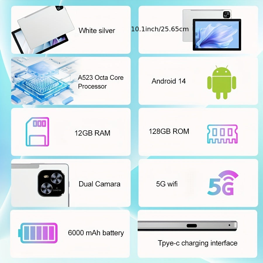 [2-in-1 Android Tablet] 2-in-1 Tablet 10.1 Inch Android 14 OS | Keyboard, Mouse, Case, Stylus Without Electricity, 128GB ROM 12GB (4GB+8GB) RAM, Dual Camera, Eight Core Processor, 1280 * 800 IPS High-definition Display Screen, GMS Certified Tab, 5G Wi Fi