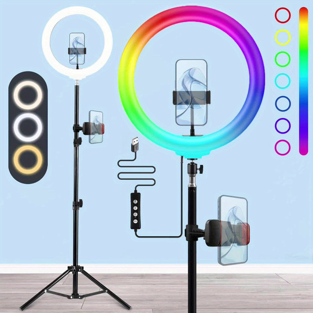 UEGOGO 12" Adjustable Ring Light with 63" Adjustable Tripod, Dimmable RGB LED, USB Power, Control, Selfie And  Lighting, with Phone Stand And Gimbal Clamp, Portable And Durable, for Makeup, Live Streaming