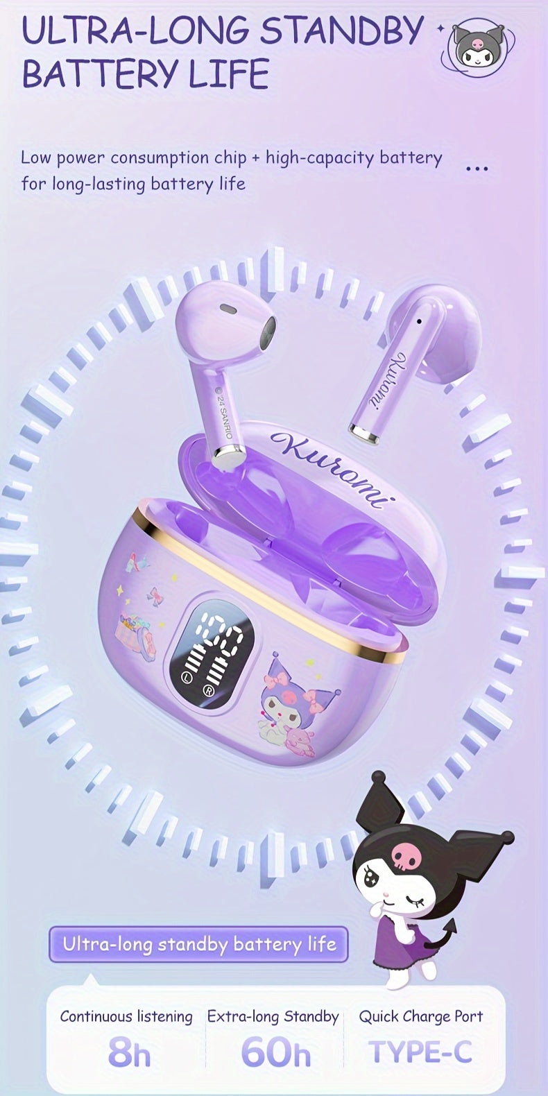 Sanrio Hellokitty Kuromi Cinnamoroll Wireless Bluetooth Earphones 3 Different Styles Available Cute Design Power Display Gaming Earplugs Unique Style Easy to Carry Smart Call Daily Exercise Outdoors to Study Holiday Gifts Or Attractive Birthday Gifts