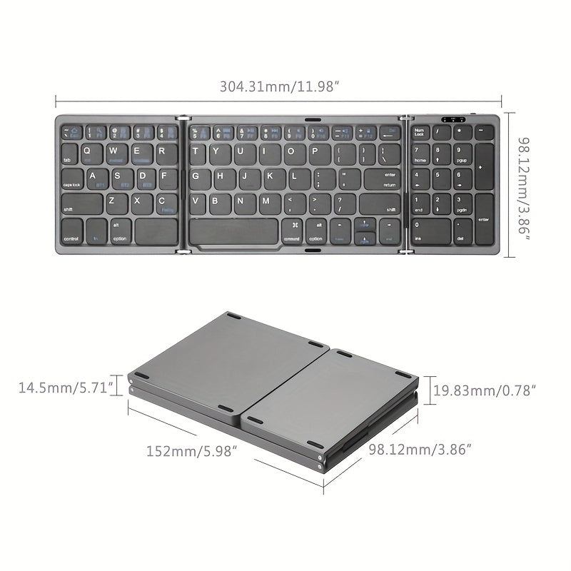 1pc Foldable Wireless Keyboard with Numeric Keypad, USB Rechargeable Lithium Polymer Battery, Type-C Charging, Compatible with Windows, for Android, iOS Devices - Portable  Keyboard