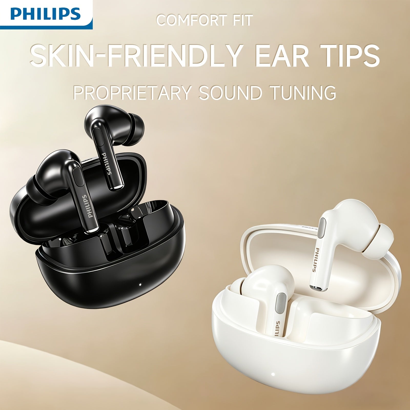 PHILIPS 2025 New Wireless Earbuds -New upgrade V6. 0, Ultra-Long Battery Life, Noise-Canceling, Comfortable Semi-Open Back Design for Sports & Gaming, Rechargeable Lithium Battery, Universal Phone Compatible, Gaming | Sleek Earbud Design