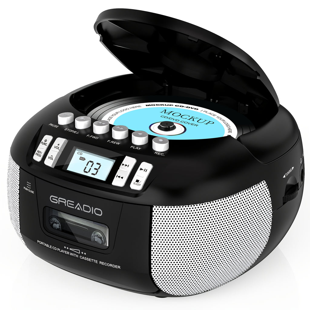 Greadio CD And Cassette Player Combo, Boombox CD Player Portable with AM/FM Radio, Tape Recording, Stereo Sound, AC/DC Powered, Aux/Headphone Jack, Sleep Timer for Home, Senior