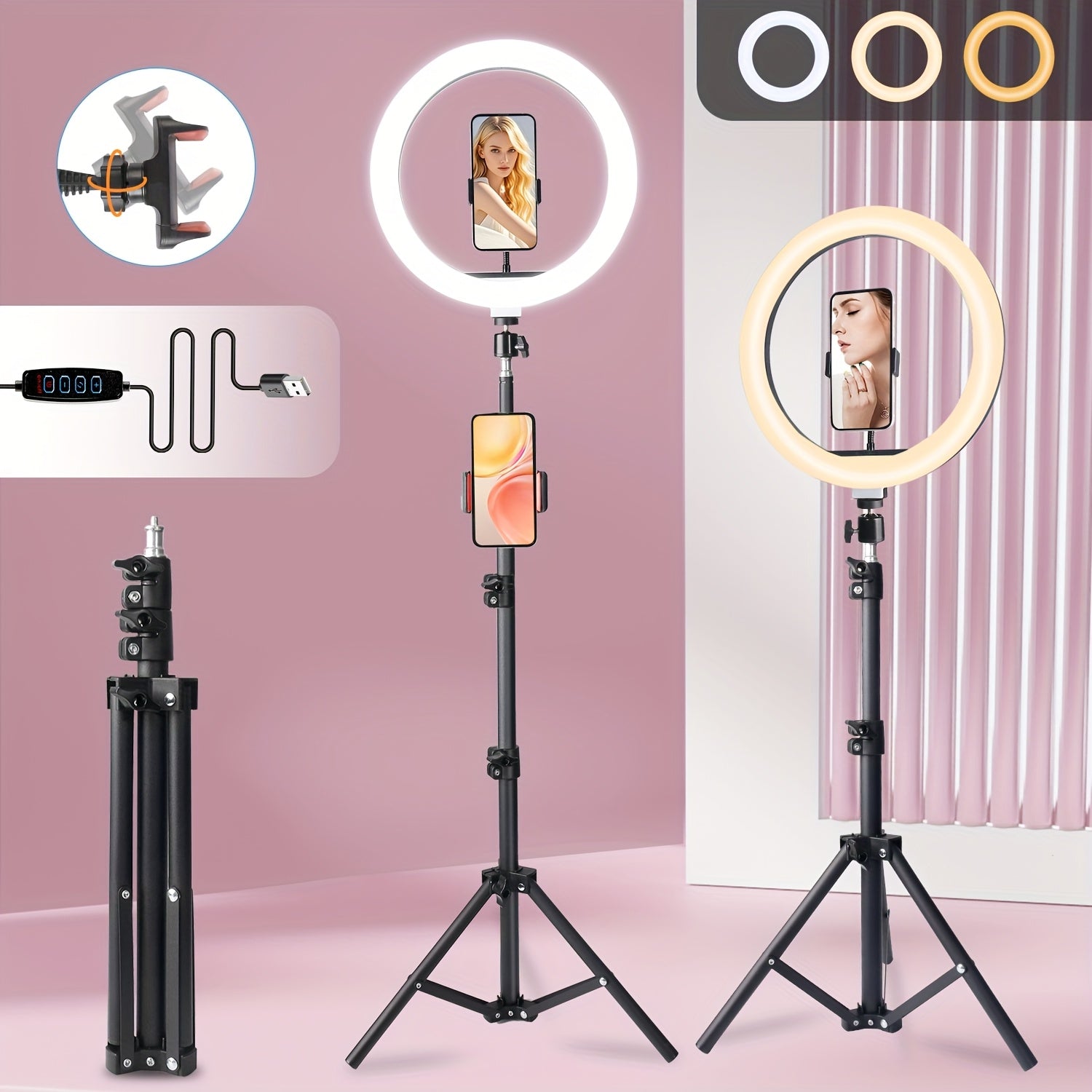 10/12'' Circular Selfie Ring Light, Desk Tripod And Phone Stand, Adjustable Height Ranging from 15 to 43 Inches, Dimmable LED Circular Light for Selfie Photography, Makeup, And Youtube