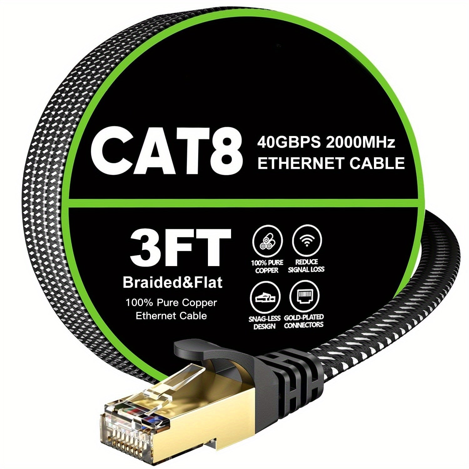 Cat 8 Ethernet Cable 100ft Flat Braided, High Speed 40Gbps 2000Mhz Internet Cable with Gold Plated RJ45 Network LAN Cable SSTP, Heavy Duty Ethernet Cord Compatible for PS4/ 5, for Modems, PC/ Laptop