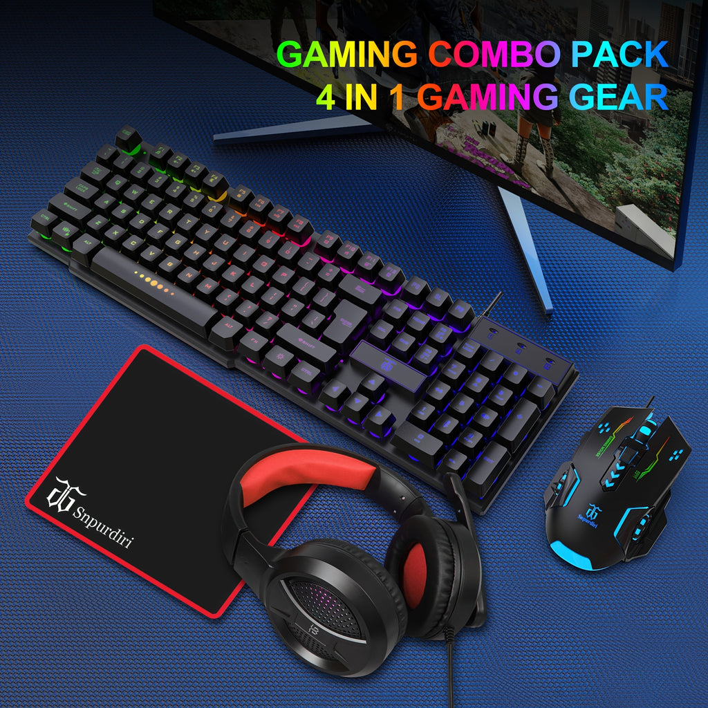 Gaming Keyboard And Mouse, Headset, Mouse Pad, All-in-one Combo For PC Gamers And Xbox And PS4 Users For Wired Use Only