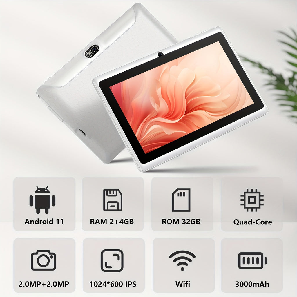 7-Inch Android Tablet with Quad-Core Processor, 6GB RAM (2+4GB Expandable to 128GB), HD IPS Display, Dual Cameras, Stereo Speakers, Wi-Fi, 32GB ROM - Lightweight & Portable for Work, Entertainment, Tablet, Pad, Tablet, Pad
