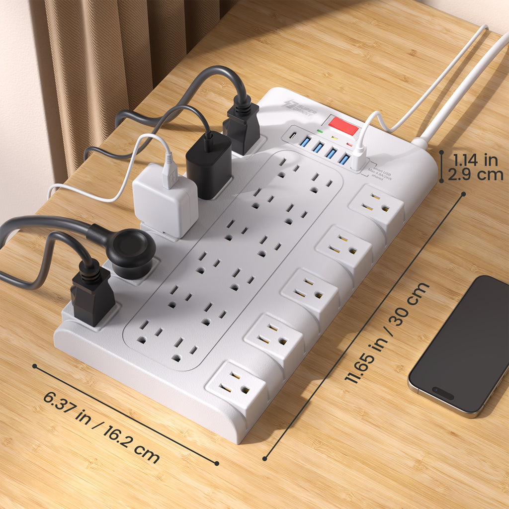 22/4-Outlet Flat Plug Power Strip with 6/4 USB Ports, 28/8-in-1 Power Strip with Surge Protection, Control Switch, Spacious AC Outlets, Flat Plug, 2100 Joules, Wall-Mountable Extension Cord - 4.8/5/7/9/13 Ft Length Options