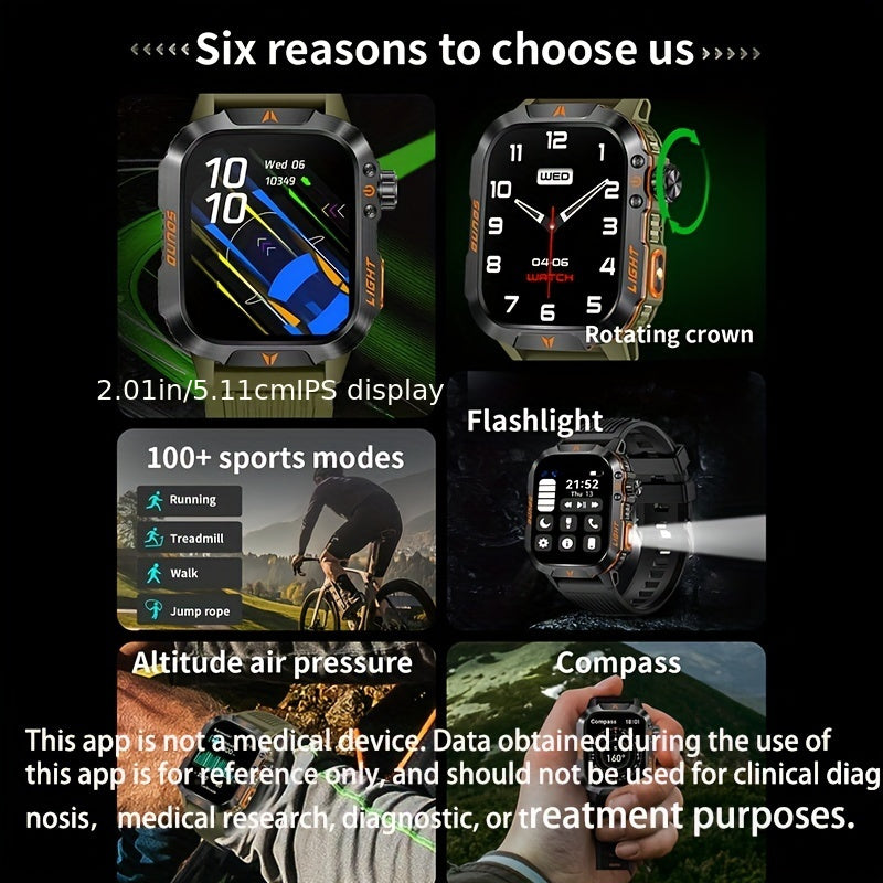 2.01 Inch HD Large Screen Smart Watch Wireless Call Fitness Tracker Calorie Counter Pedometer Deep LED Light Outdoor Compass Compatible with Android/Apple Phones Large Battery Long Standby Couple Men Women Gift Watch