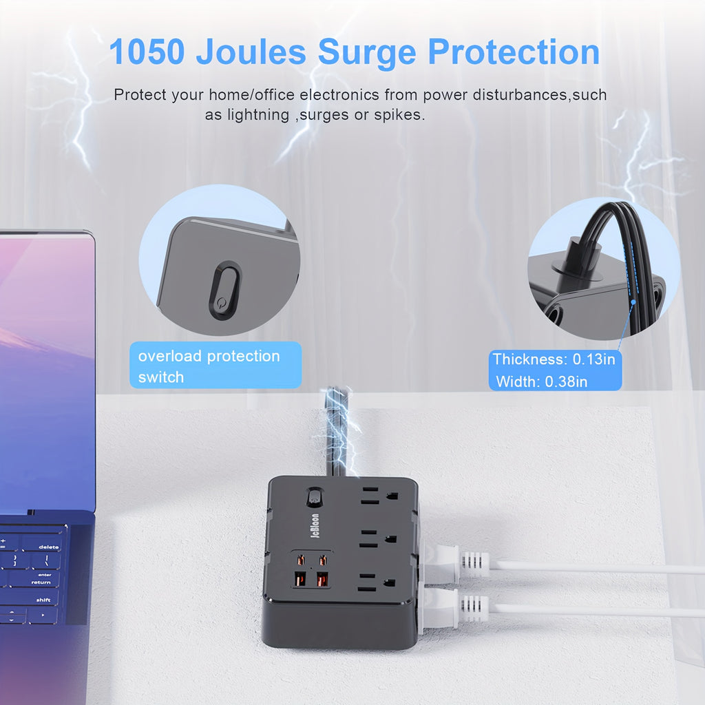 10in 1 Flat Plug Surge Protector Power Strip, 5ft Ultra Thin Extension Cord with 6 AC Outlets & 4 USB Wall Charger (2 USB C), USB Total Output:5V/3.1A, Compact for Charging Station Wall Mount for Office,Dorm, Black/White