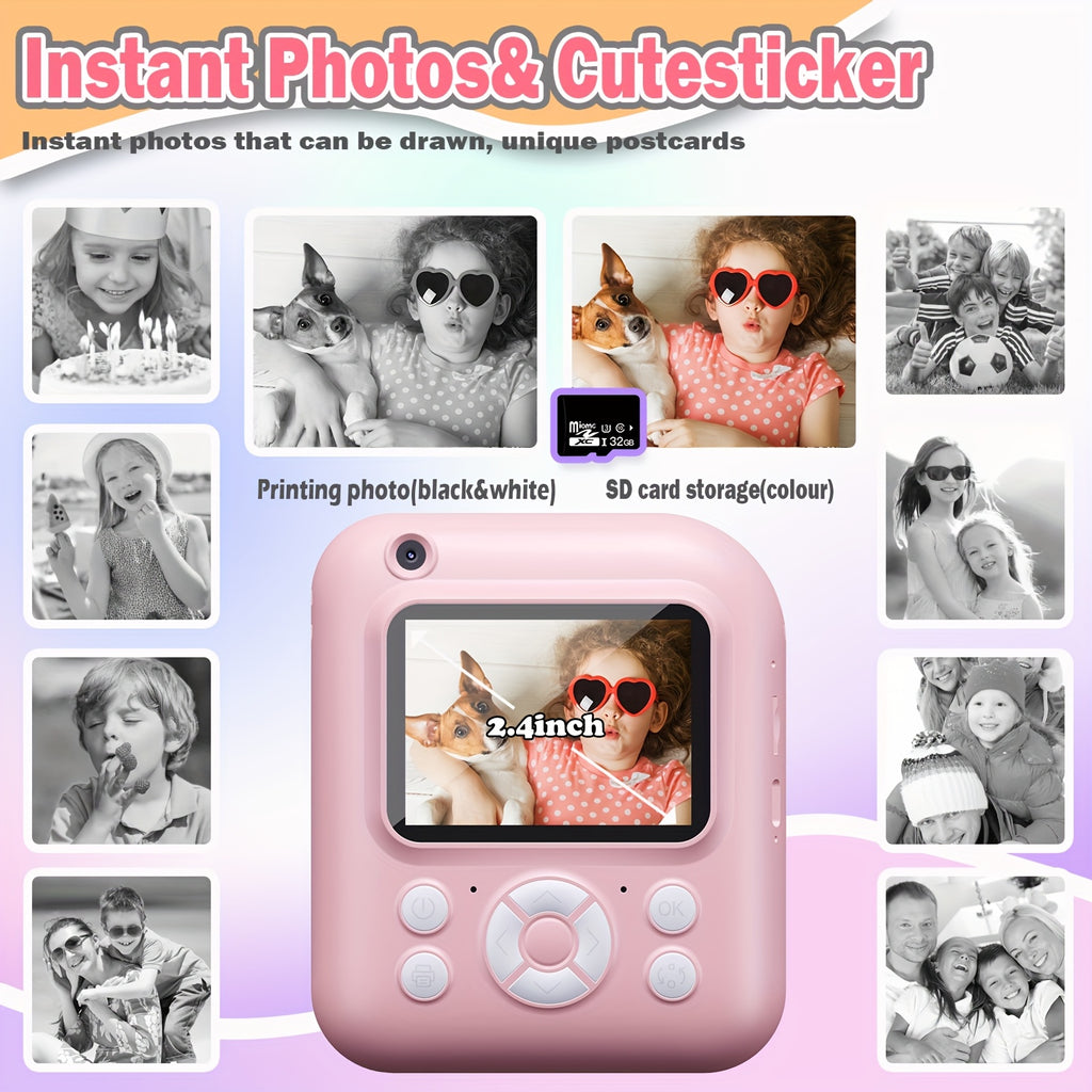 Camera Paper/New Instant Print Digital Camera, 1080P 2.4 Inch Screen Super Cute Instant Camera with 3 Rolls Print Paper And 32GB Card, Digital Camera Kids Gift for Kids 3-12 Years, Perfect Holiday Gift for Girls/Boys, Birthday Gift