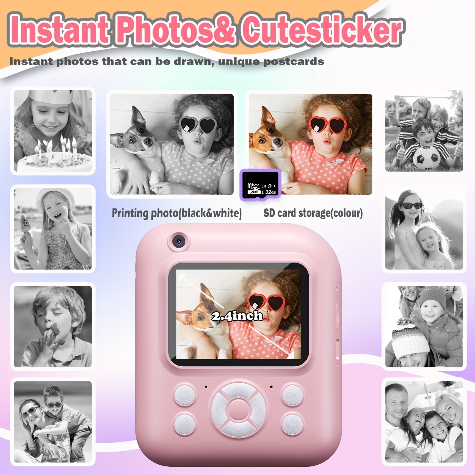 Camera Paper/New Instant Print Digital Camera, 1080P 2.4 Inch Screen Super Cute Instant Camera with 3 Rolls Print Paper And 32GB Card, Digital Camera Kids Gift for Kids 3-12 Years, Perfect Holiday Gift for Girls/Boys, Birthday Gift
