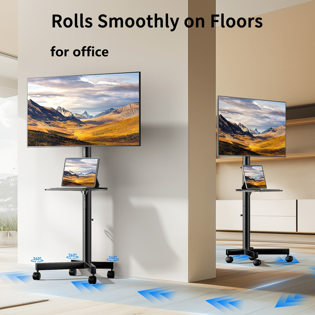 Height Adjustable Rolling TV Cart with Lockable Wheels, Fits 23-60 Inch LCD LED OLED Flat And Curved Tvs, Mobile TV Stand for Home And Office, Black
