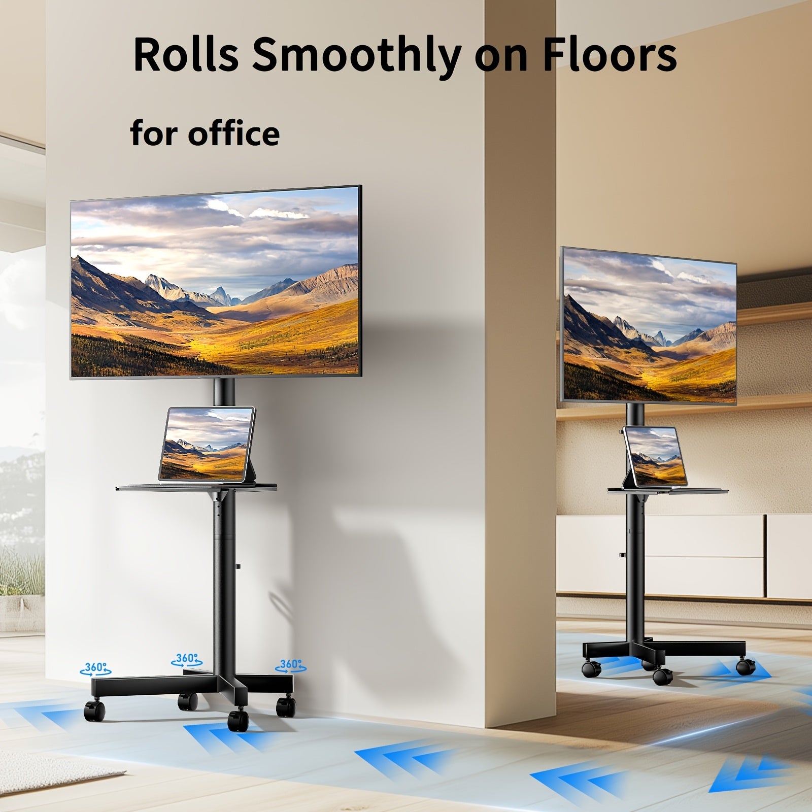 Height Adjustable Rolling TV Cart with Lockable Wheels, Fits 23-60 Inch LCD LED OLED Flat And Curved Tvs, Mobile TV Stand for Home And Office, Black