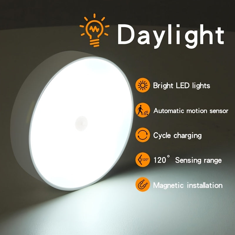[USB Rechargeable] 12/6pcs Bright White LED Motion Sensor Night Lights, USB Rechargeable Wireless Wall Lamp, Dual Mode (Motion & Steady Light), Adjustable Brightness, Magnetic Adhesive Under Cabinet Lighting For Kitchen, Hallway, Stairs