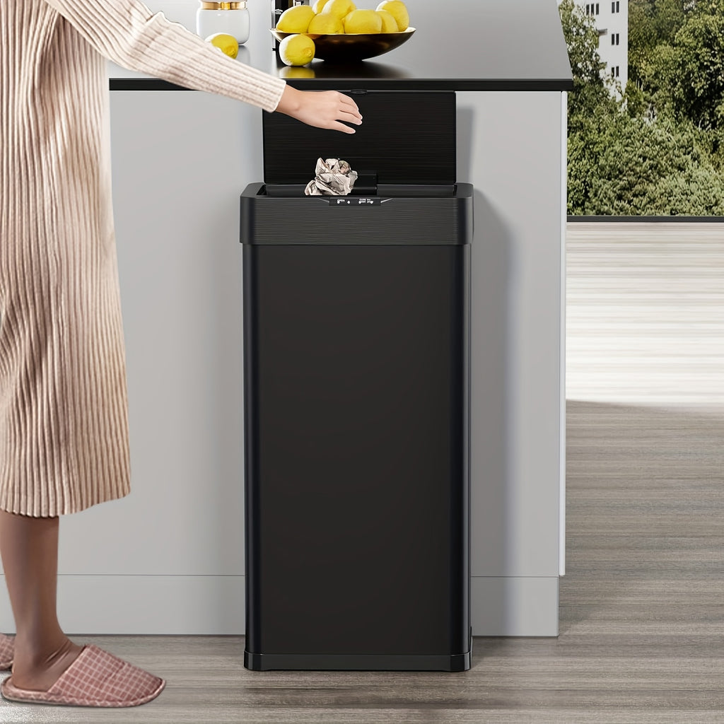 18.5 Gallon Motion Sensor Trash Can, Touchless Automatic Garbage Can, Brushed Stainless Steel Smart Bin, with Bag Holder, Soft Close Lid, for Kitchen, Office, RV, Bedroom, Living Room (Black, 60L)
