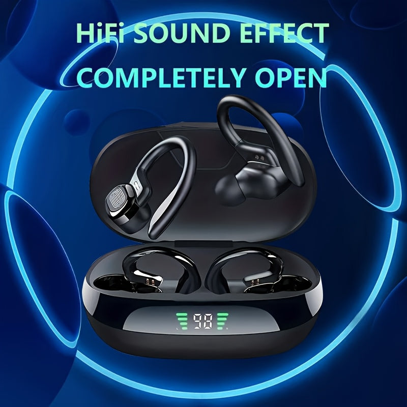 Wireless Open-Ear Earbuds, Bluetooth 5.4 Sports Headphones with Built-in Microphone & Ear Hooks, 8H Playback Time, LED Digital Display Charging Case, for Running & Workout, Black/ Red