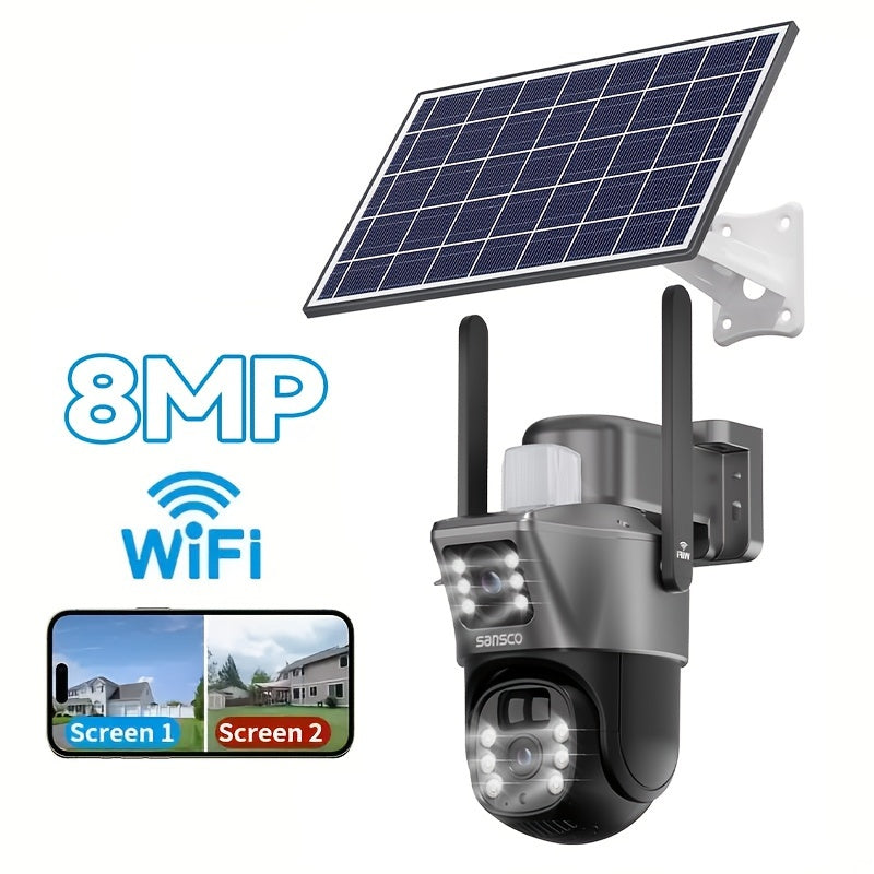 8MP Solar Cameras Security Wireless Outdoor, Battery Powered 2.G WiFi Surveillance Camera for Home CCTV Monitor with 8X Digital Zoom, Color Night Vision, Spotlight Siren, PIR Motion, Outdoor Use, Two-Way Audio for Eseecloud APP Without TF Card