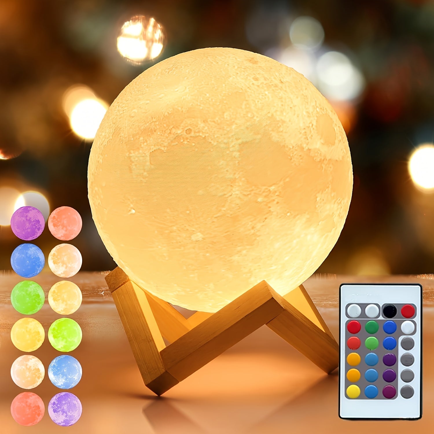 16 Color Moonlight Light 148 Combination Mode, USB3D Printed Moonlight Christmas Gift, LED Nightlight Bedroom, Bedside, Home Decor with Remote Control, Creative Desktop Decor Suitable Gift 5.9 Inch, W/ Wood Stand
