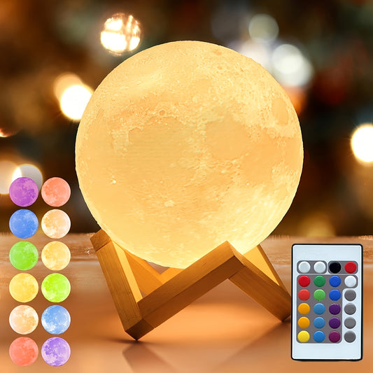 16 Color Moonlight Light 148 Combination Mode, USB3D Printed Moonlight Christmas Gift, LED Nightlight Bedroom, Bedside, Home Decor with Remote Control, Creative Desktop Decor Suitable Gift 5.9 Inch, W/ Wood Stand