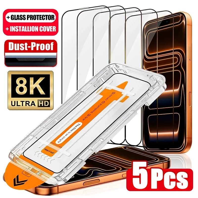 A Pack Of 5 Ultra-High-Definition Tempered Glass Screen Protectors, for iPhone 17 Pro Max/16 Pro Max/15 Pro Max 17 Air 17 16 16E 15 14 13 12 11 Plus Xs Max X, Easy to Apply, 9H+ Tempered Glass Film, Fingerprint Resistant