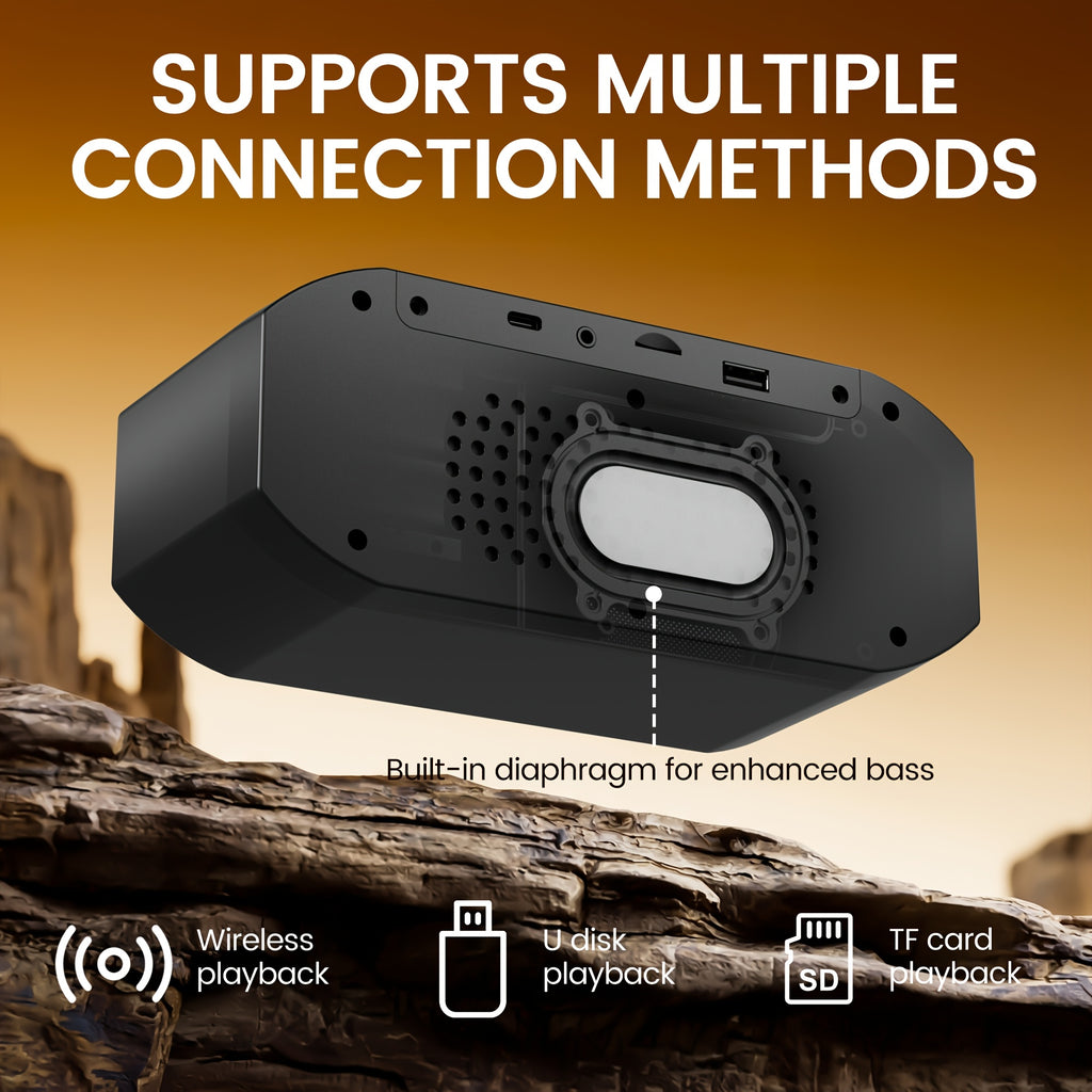 Wireless Speaker with Digital Alarm Clock, Fixed-time Alarm, HD Sound, High - Quality Diaphragm, TWS Pairing, Wireless/USB/TF Card/AUX, Rechargeable Battery, Type-C Charging Cable, Non-slip Pad, Suitable for Home, Bedroom, Dorm, Camping