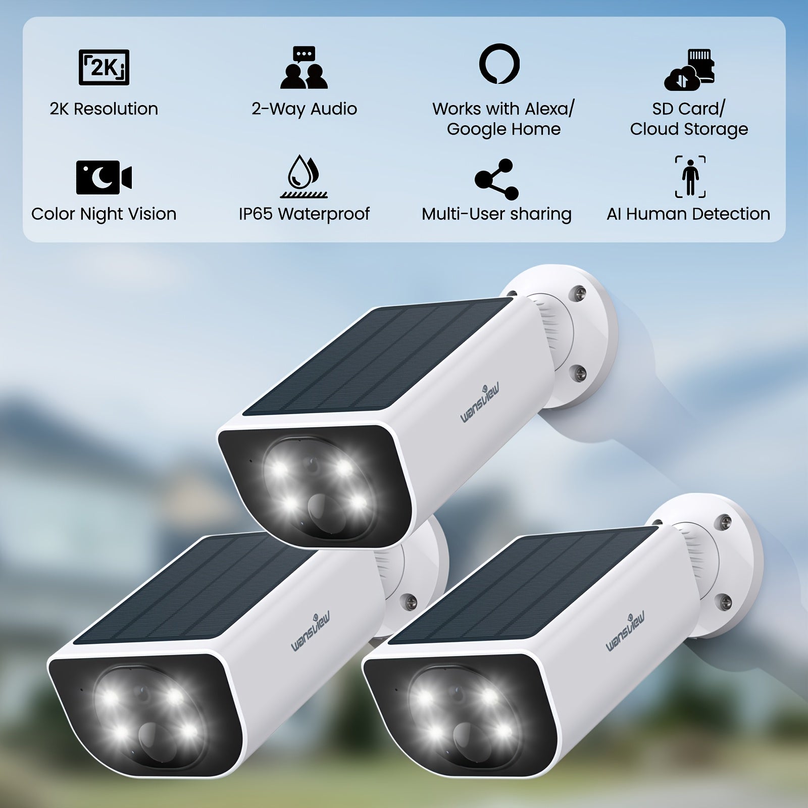 Wansview Solar Security Camera Outdoor, Wireless Security Camera, 2K HD Resolution, Color Night Vision, Two-Way-Audio, Motion Detection, SD Card/Cloud Storage, Compatible with Alexa/Google Home, 1/2/3/4 Solar Cam & 1pc Battery Camera