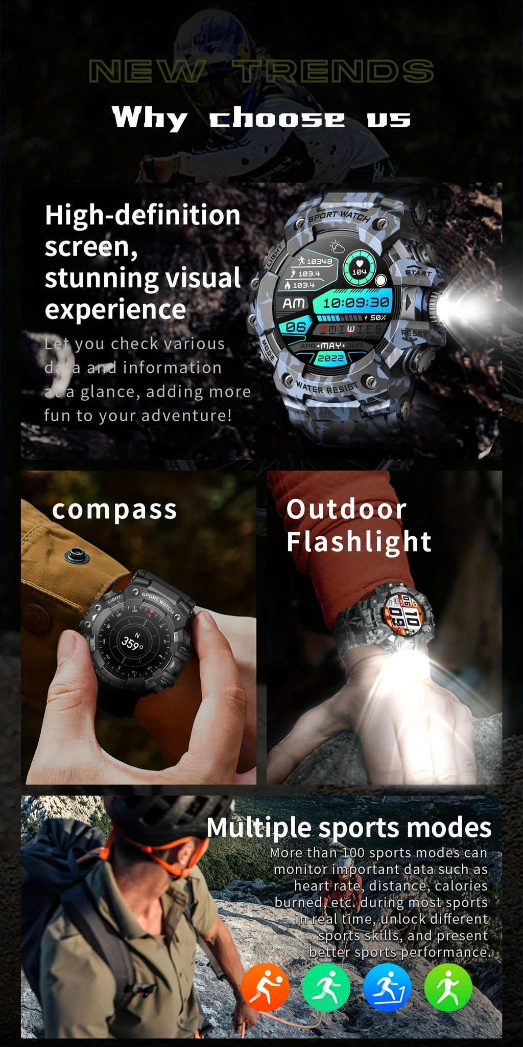 [Smart Watch for Men] Smart Watch for Men with LED Flashlight & 1.32" TFT Screen | Answer/Make Calls, 100+ Sport Modes, SOS, Sleep Tracker, Fitness & Health Watch for iPhone/Android - Cool Gifts for Men