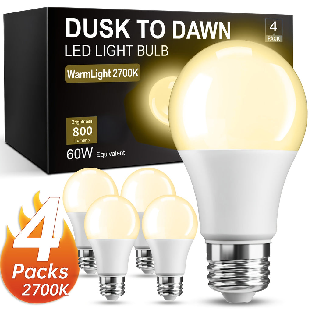 4Pack Dusk to Dawn Bulb, Light Sensor LED Bulb, Automatic On/off Photovoltaic Cell Bulb, 60W Equivalent, 9W, White 2700k, E26 Base.