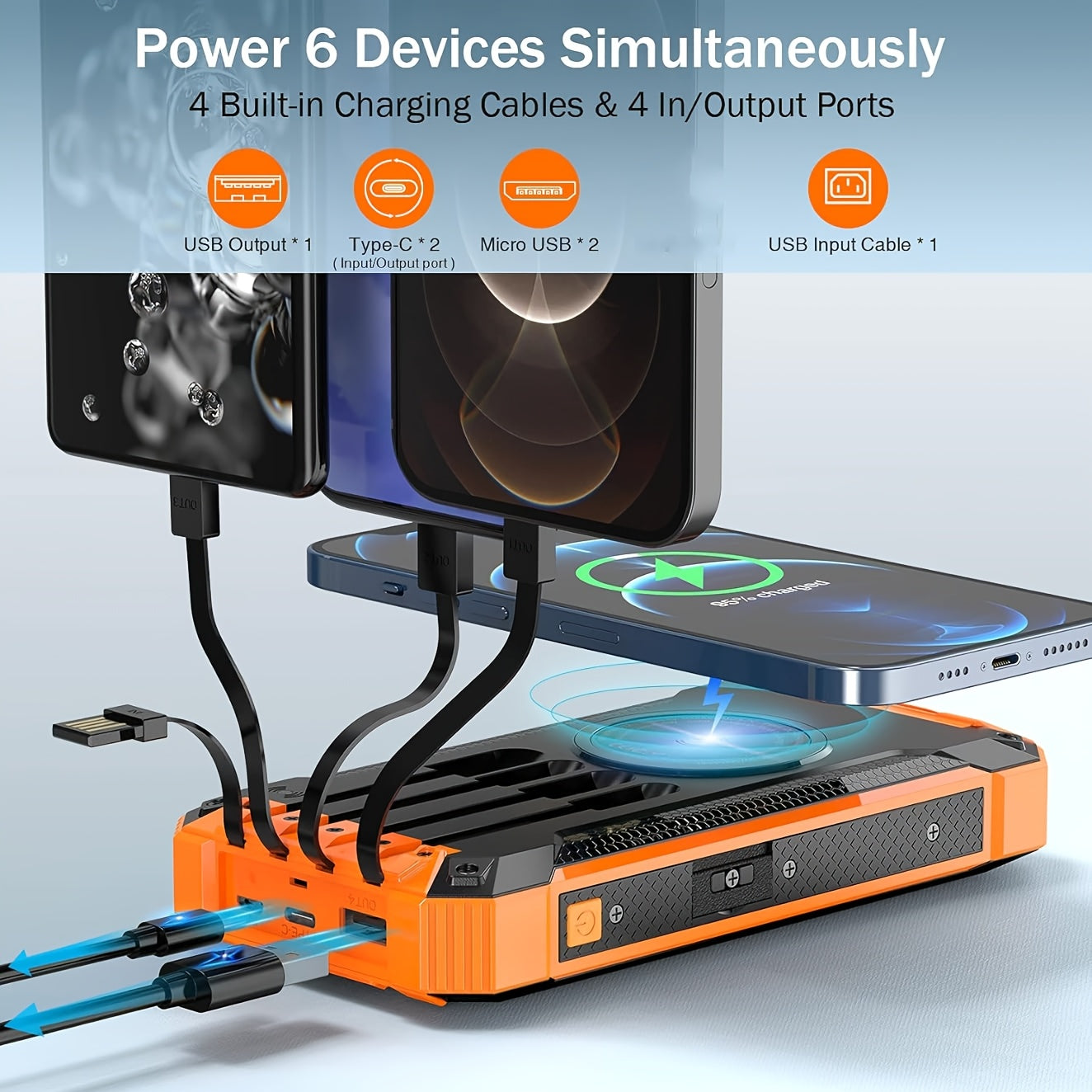 46800mAh Solar Charger Solar Power Bank Wireless Charging, with 4 Built-in Cables 15W Fast Charging External Battery Pack with USB C for Cell Phones, Solar Panel Charger with Dual Flashlight Perfect for Camping, Hiking for Outdoor Lovers