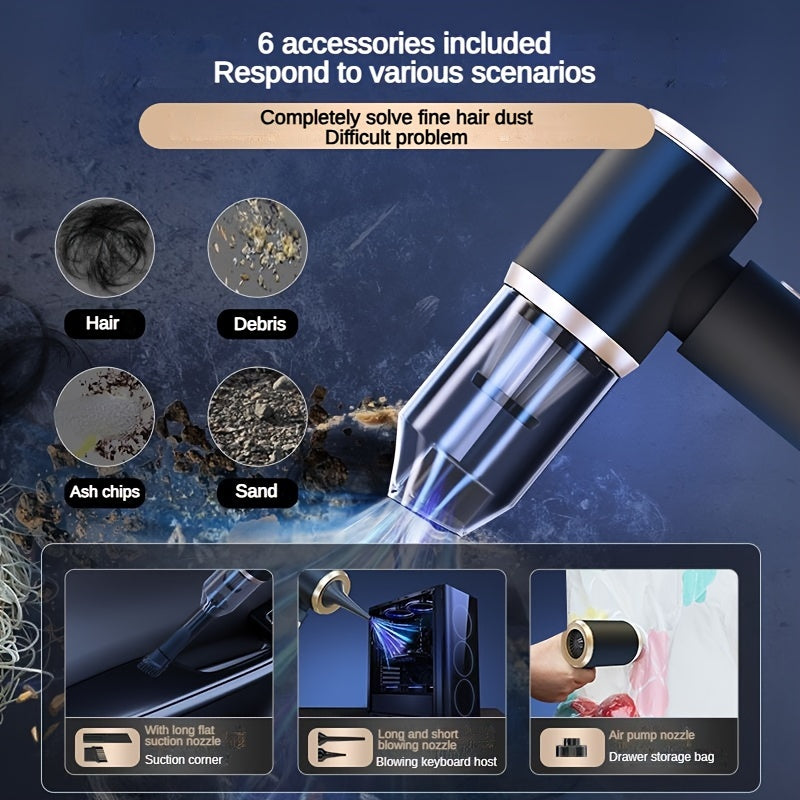 High-power Cordless Vacuum Cleaner That Can Suck Dust And Blow Air, with A Suction Power Of 6KPA. It Can Be Used In Both Cars And Homes. It Can Also Suck Or Blow Dust, And Has Complete Accessories, Making It Very Suitable for Cleaning Dust On Cars