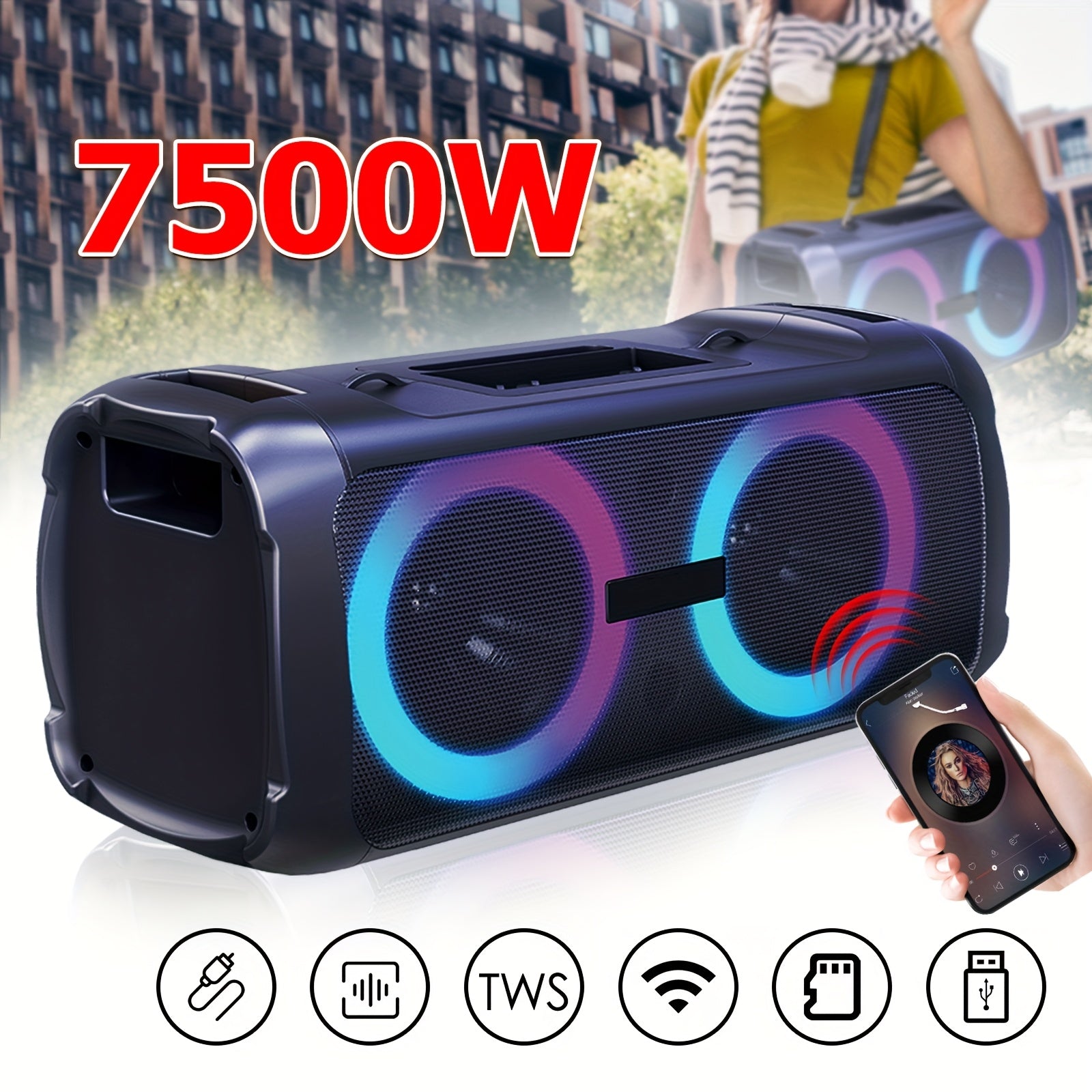 Portable Wireless Speaker with Subwoofer, Wireless Outdoor Speaker, Deep Bass, Loud Sound Powerful, with Shoulder Straps, Multi-Color LED Circle Lights, Integrated Phone Tray, Microphone Input, TF/TWS/USB/AUX, for Camping, Beach, Garage