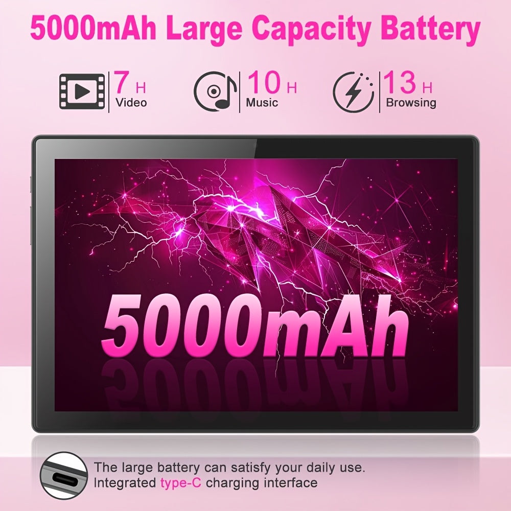 Andriod Tablet PC 6GB (3GB+ 3GB Expand) RAM 128GB ROM 5G WiFi TYPE C Charge 10. 1 Inch Display Touch Screen Dual Cameras with Pink Keyboard Mouse Protective Case Pen(pen Without Battery) New Android Tablet PC Mini 2in 1 Tablet
