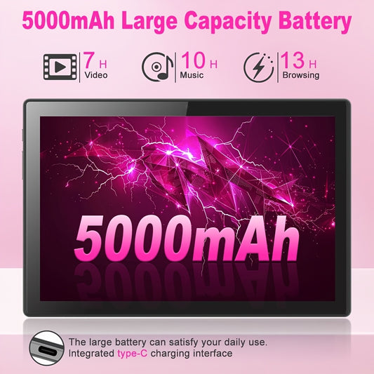 Andriod Tablet PC 6GB (3GB+ 3GB Expand) RAM 128GB ROM 5G WiFi TYPE C Charge 10. 1 Inch Display Touch Screen Dual Cameras with Pink Keyboard Mouse Protective Case Pen(pen Without Battery) New Android Tablet PC Mini 2in 1 Tablet