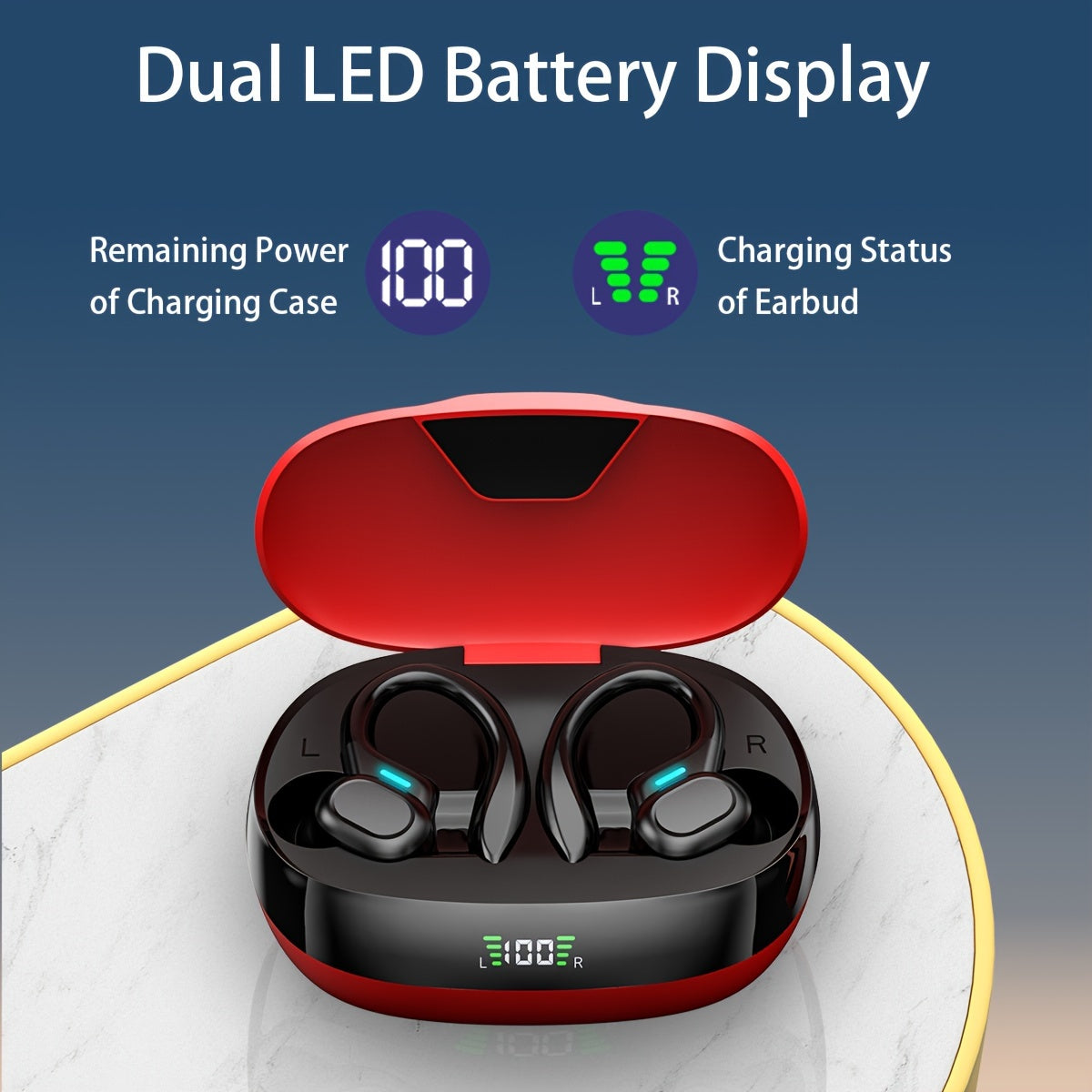 Completely Wireless Earbuds Featuring ENC Noise Cancellation, Touch Controls, Wireless Sports Earhooks, And an LED Display Charging Case. They Are Compatible with Mobile Phones, Support Type-C Charging