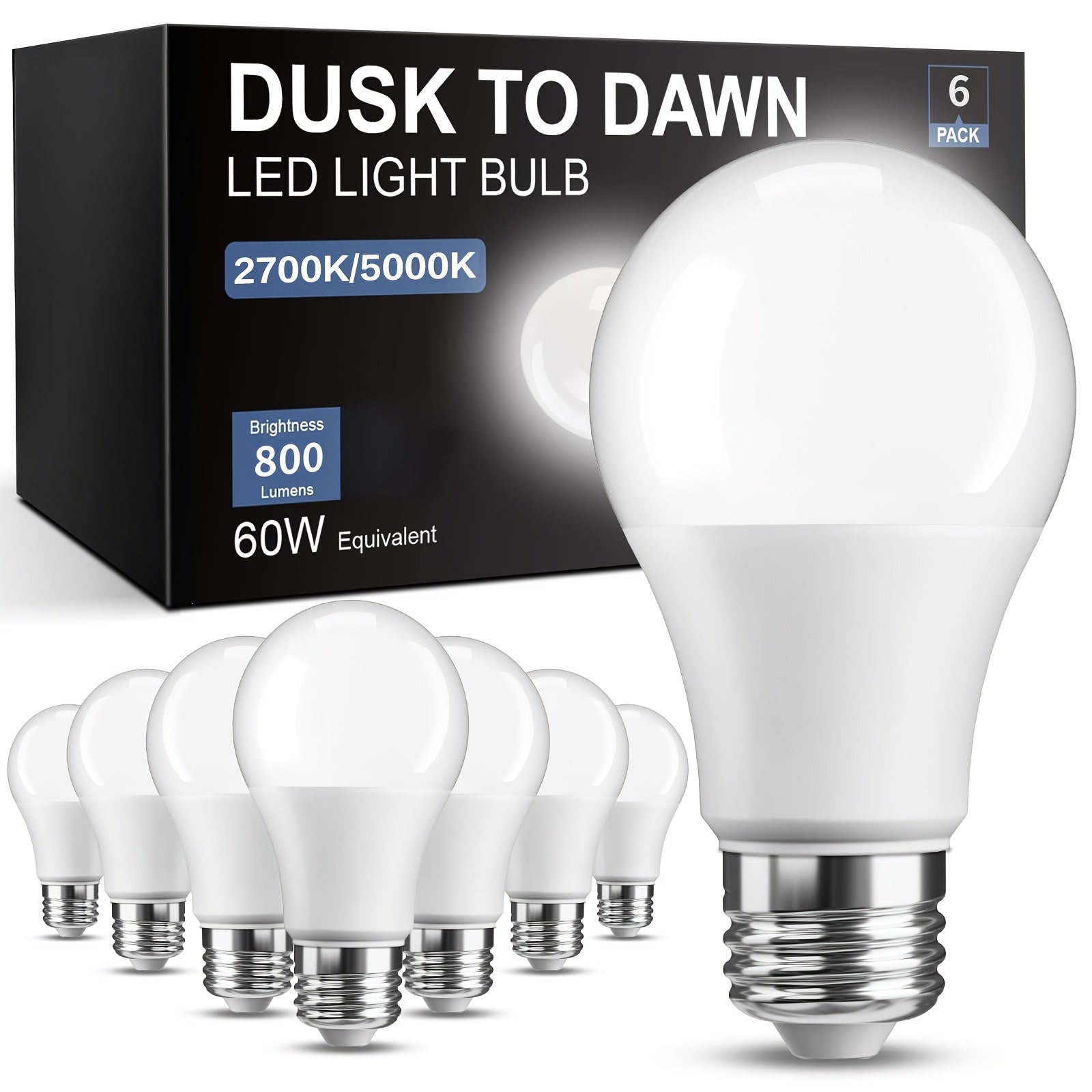 12/6Pack Dusk to Dawn Bulb, Light Sensor LED Bulb, Automatic On/off Photovoltaic Cell Bulb, 60W Equivalent, 9W, 5000K/2700k, E26 Base.