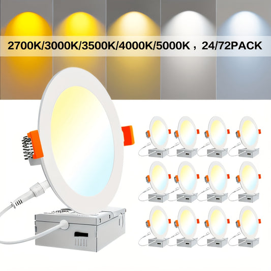 24/72-Pack 6-Inch 5CCT Ultra-Thin LED Recessed Ceiling Light with Junction Box, 2700K/ 3000K/ 3500K/ 4000K/ 5000K Optional, 1050LM Brightness, Dimmable Slotless Wafer Downlight, 12W Is Equivalent to 110W And Is Suitable for Ceiling Lighting
