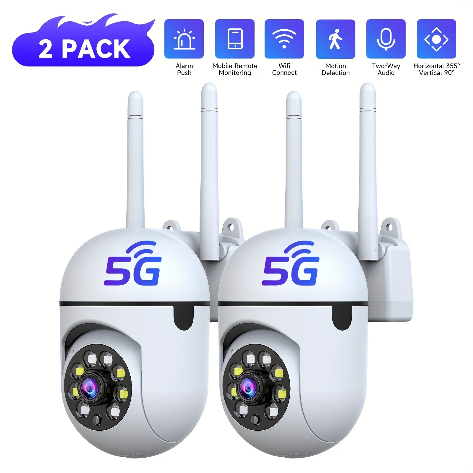 2 Indoor Cameras, Home Security, 355° Rotation, Suitable for Child and Pet Monitoring, Motion Detection, Full-Color Night Vision, Two-Way Audio, 2.4G/5G WiFi, Cloud Storage and Up to 256GB TF Card Recording, Alexa Support, The Perfect Gift