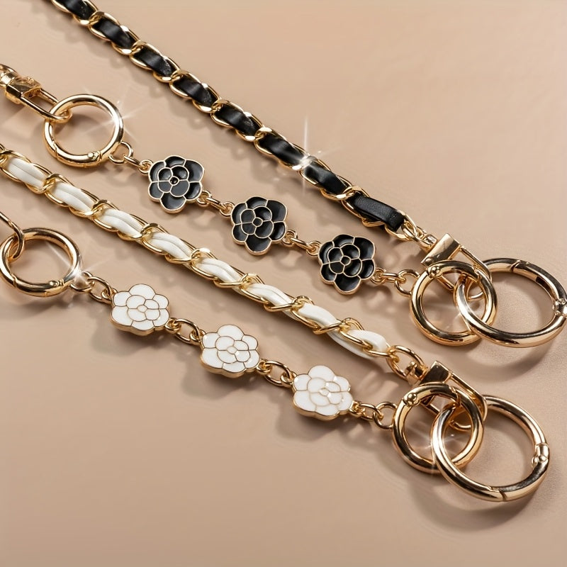 Long Crossbody Pearl Camellia Phone Strap with Metal Pearl Charm And Chain.