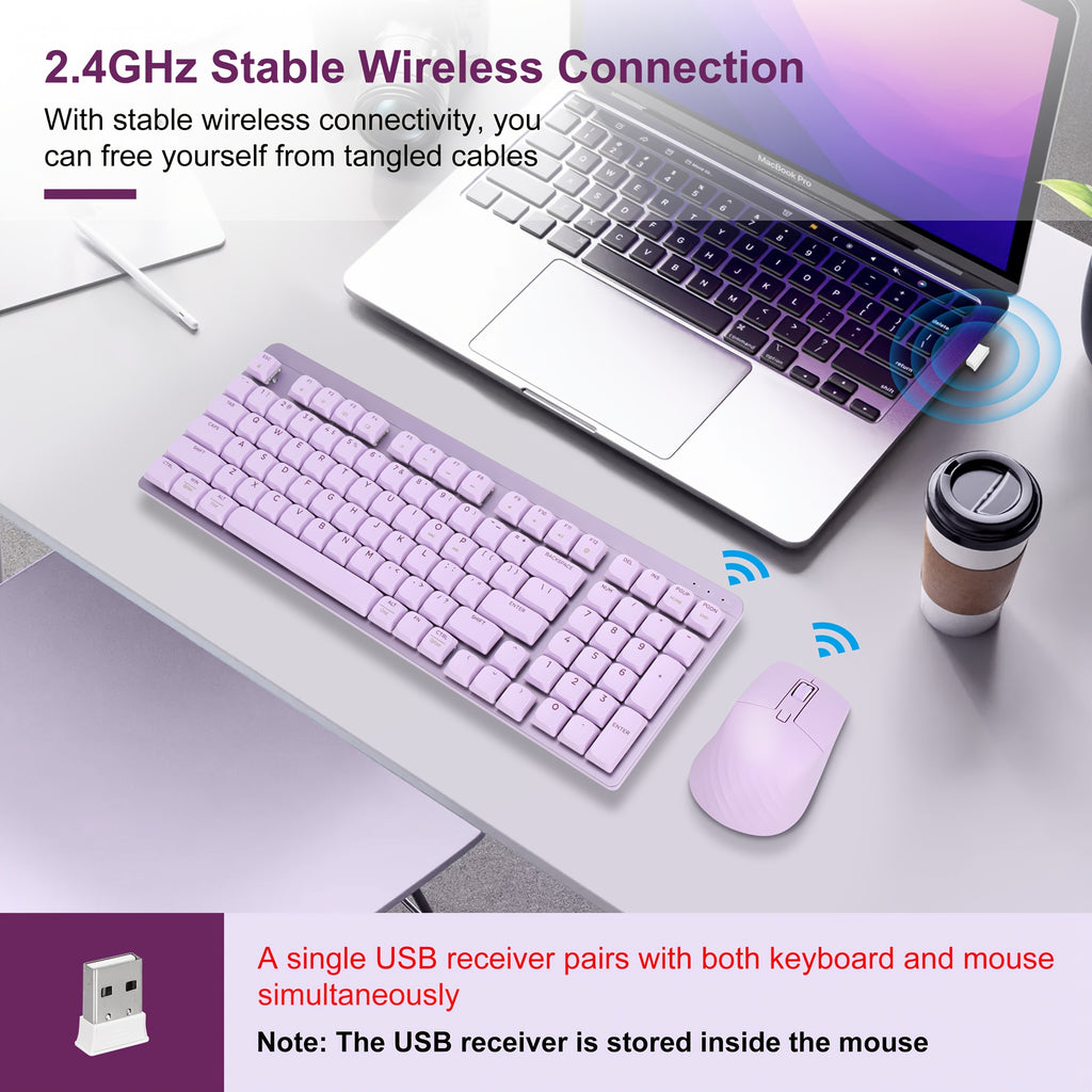 LeadsaiL FA98 Wireless Mechanical Keyboard And Mouse, 2.4Ghz Cordless Mechanical Keyboard And Silent Mouse, Low-Profile Red Switch, 98-Key Compact Slim 96% Keyboard for Windows/MacOS PC Laptop