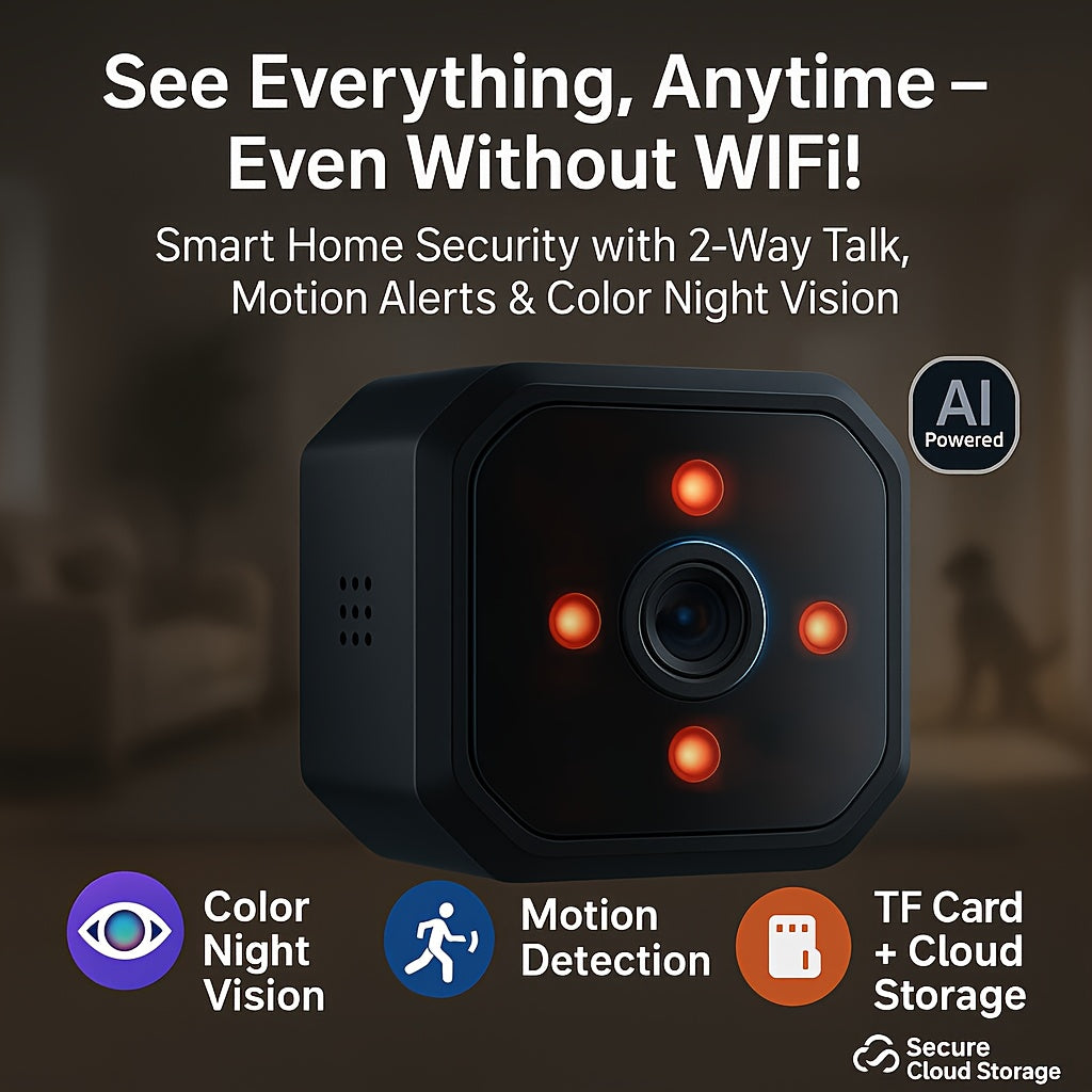 Flexible Mini Cam -- Plug in Your Garage/Baby Room, Wifi Or Not | 24/7 Phone Alerts And Night Vision | TF Card Storage Ready, No Fees!