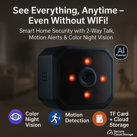 Flexible Mini Cam -- Plug in Your Garage/Baby Room, Wifi Or Not | 24/7 Phone Alerts And Night Vision | TF Card Storage Ready, No Fees!