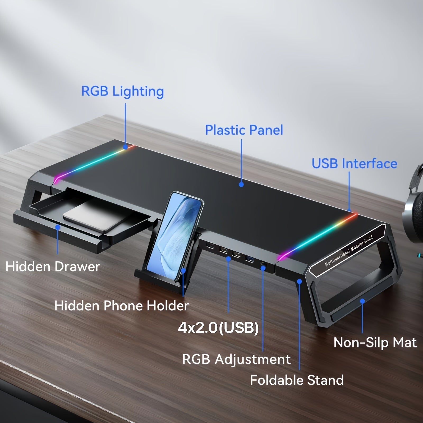 [Foldable, Adjustable] ICE COOREL Monitor Stand Suitable for Desktop And Laptop Computers, Foldable And Height Adjustable, Storage Drawer for Tablet And Smartphone Stands, RGB Lighting, Four USB Ports for File Transfer And Charging