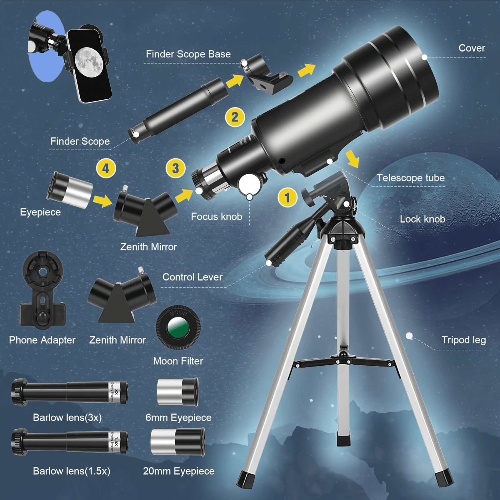 150X telescope, 70mm aperture telescope, suitable for adults, portable astronomical telescope, with tripod phone holder, eyepiece, Barlow lens, perfect for big viewing nature, education, and exploration. It is the best Christmas gift for family members an
