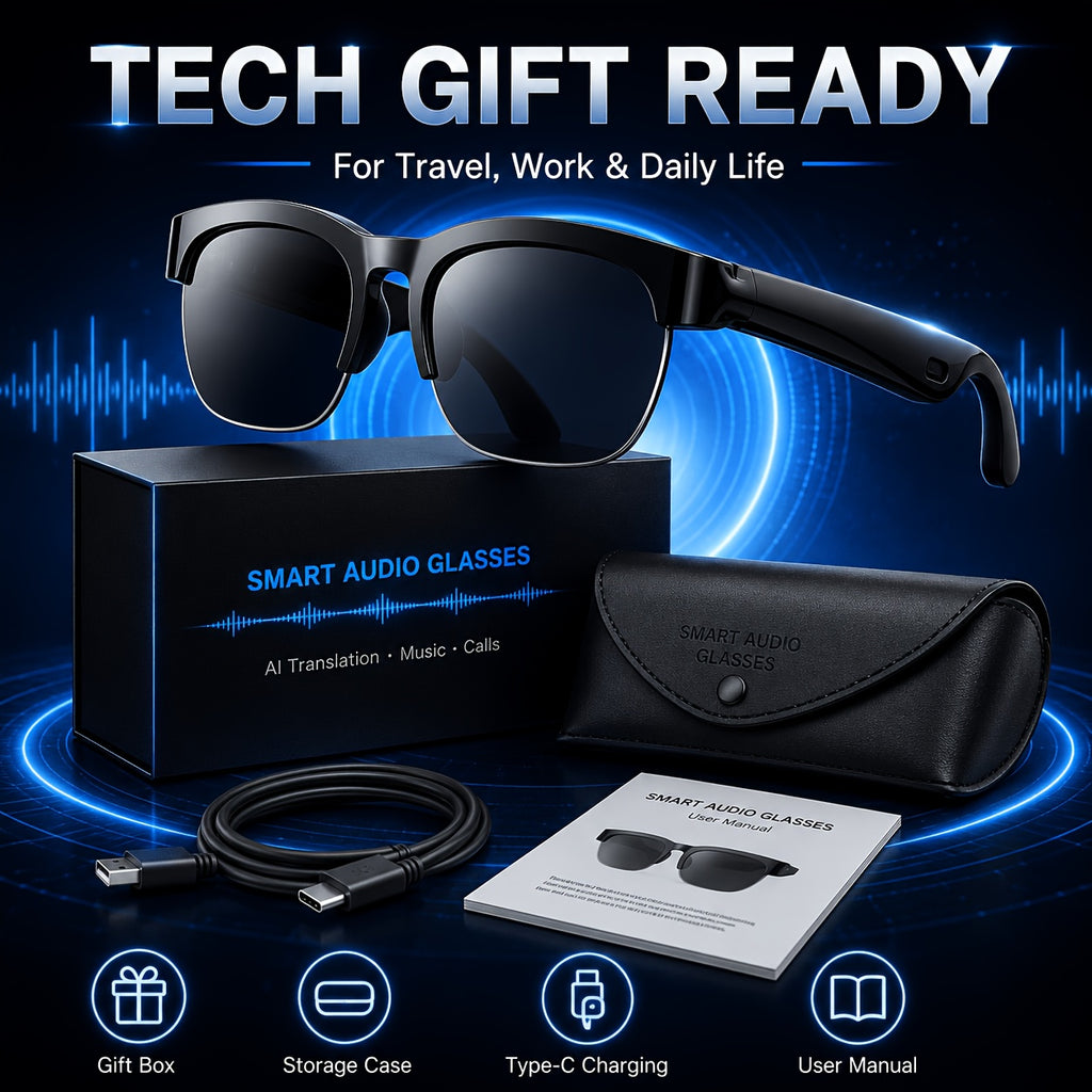 2026 Smart Audio Glasses Gift Set with Case, AI Translation Glasses, Bluetooth Glasses, Open Ear Audio Glasses with Built In Mic, Hands Free Calling Wireless Music Smart Fashion Glasses for Travel Driving Outdoor Business Tech Gift