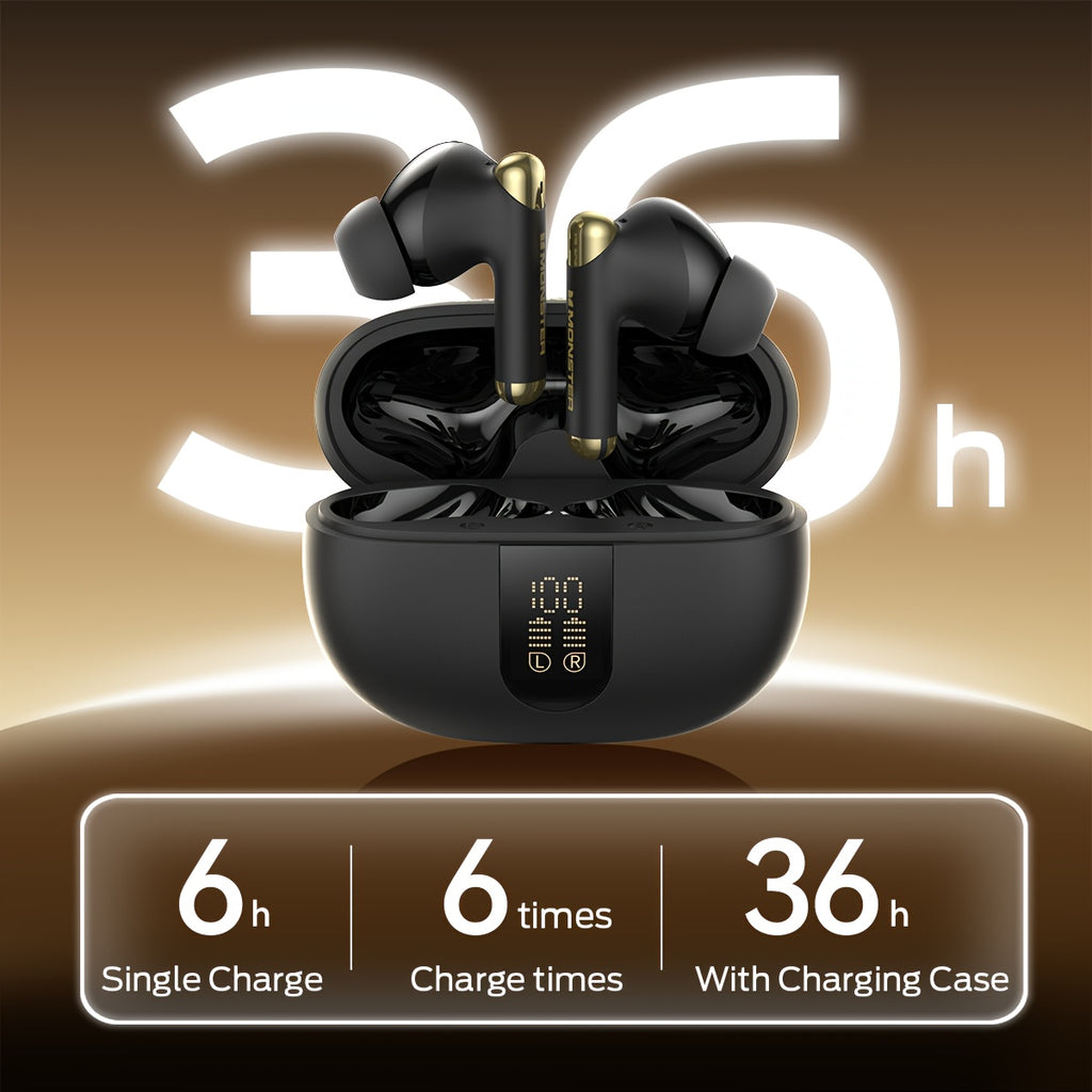 Monster Wireless Earbuds, Stereo Headphones With Noise-Cancelling Mic And LED Display, Built-in Mic For Clear Calls, Wireless Ear Buds For Sports